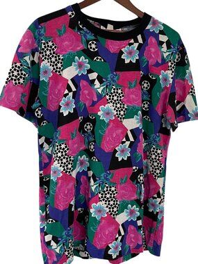 Vintage 80s LA Central Tunic T Shirt Top Large L Black Pink Abstract Floral